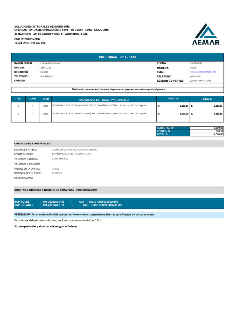 Proforma de Geotanques HDPE en Lima | PDF