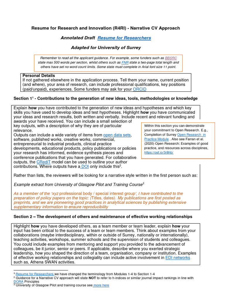 R4RI Narrative CV Guide for Researchers | PDF | Science | Cognition