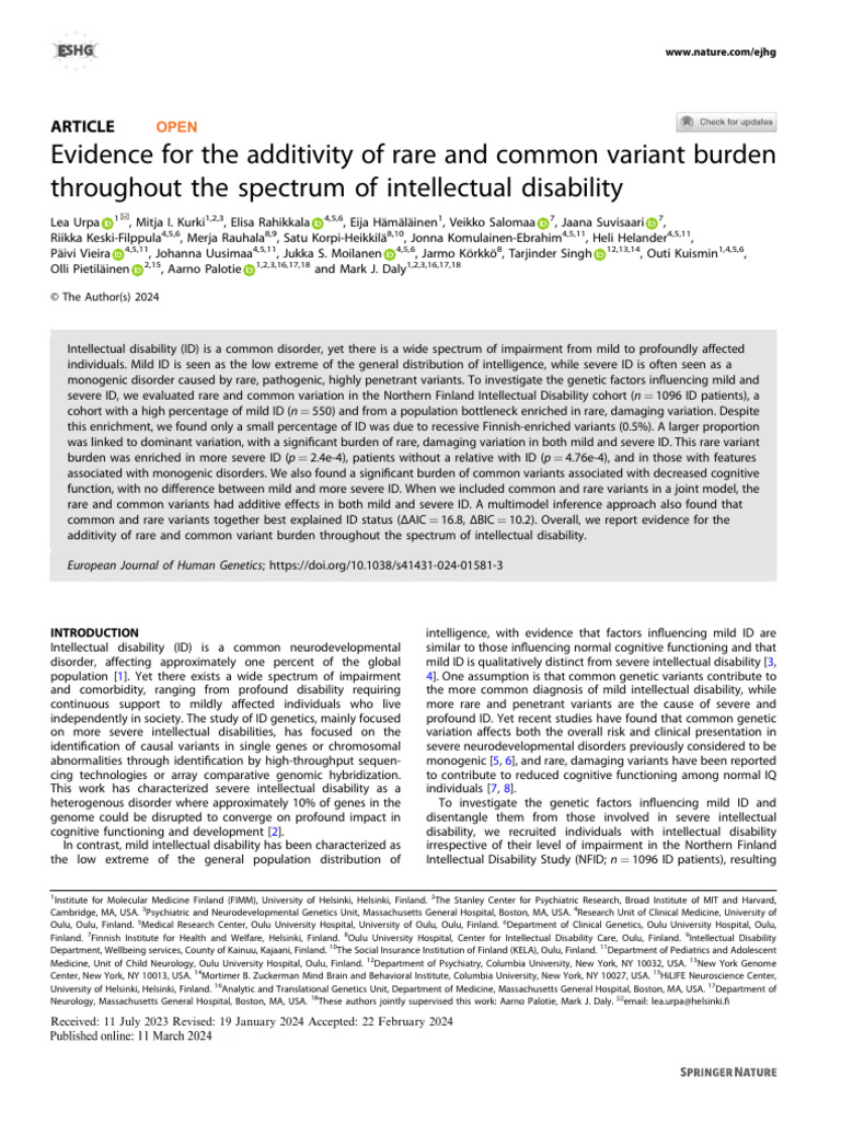 Additivity of Genetic Variants in ID | PDF | Intellectual Disability ...
