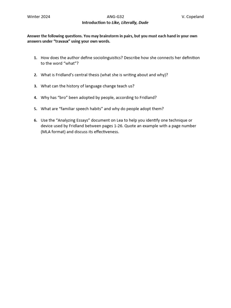 ANG G32 Introduction Like Literally Dude Questions | PDF