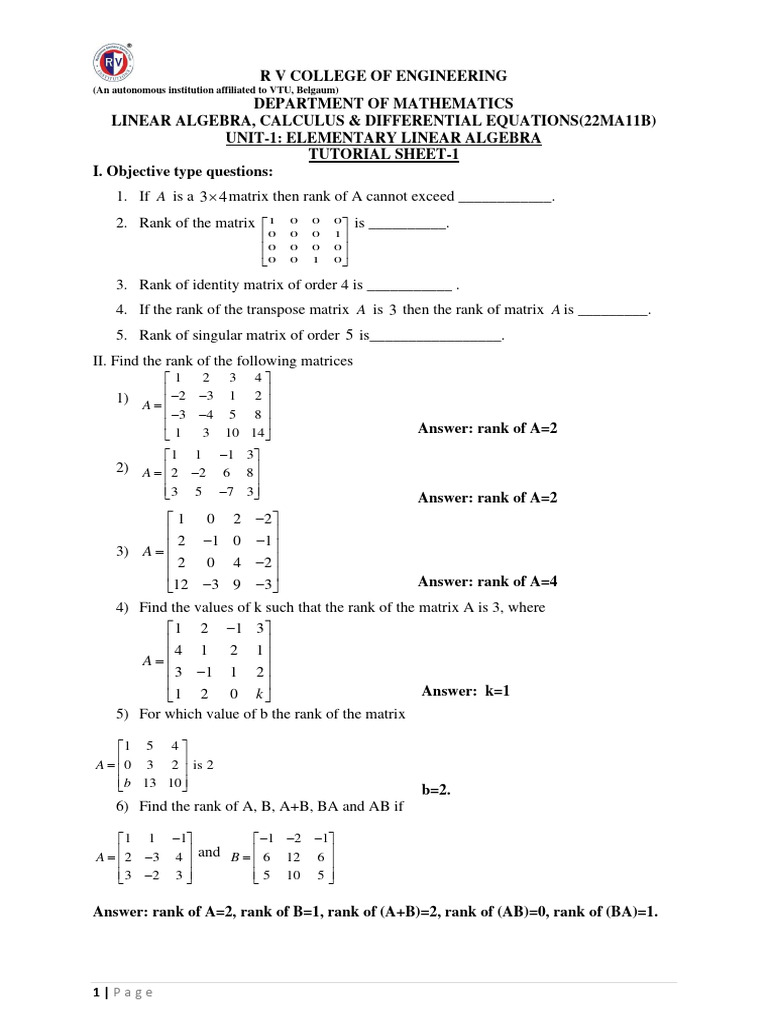 Tut Sheet of Unit - 1 Math | PDF