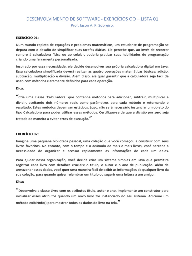 Exercícios de Programação em Java OO | PDF | Classe (programação de ...