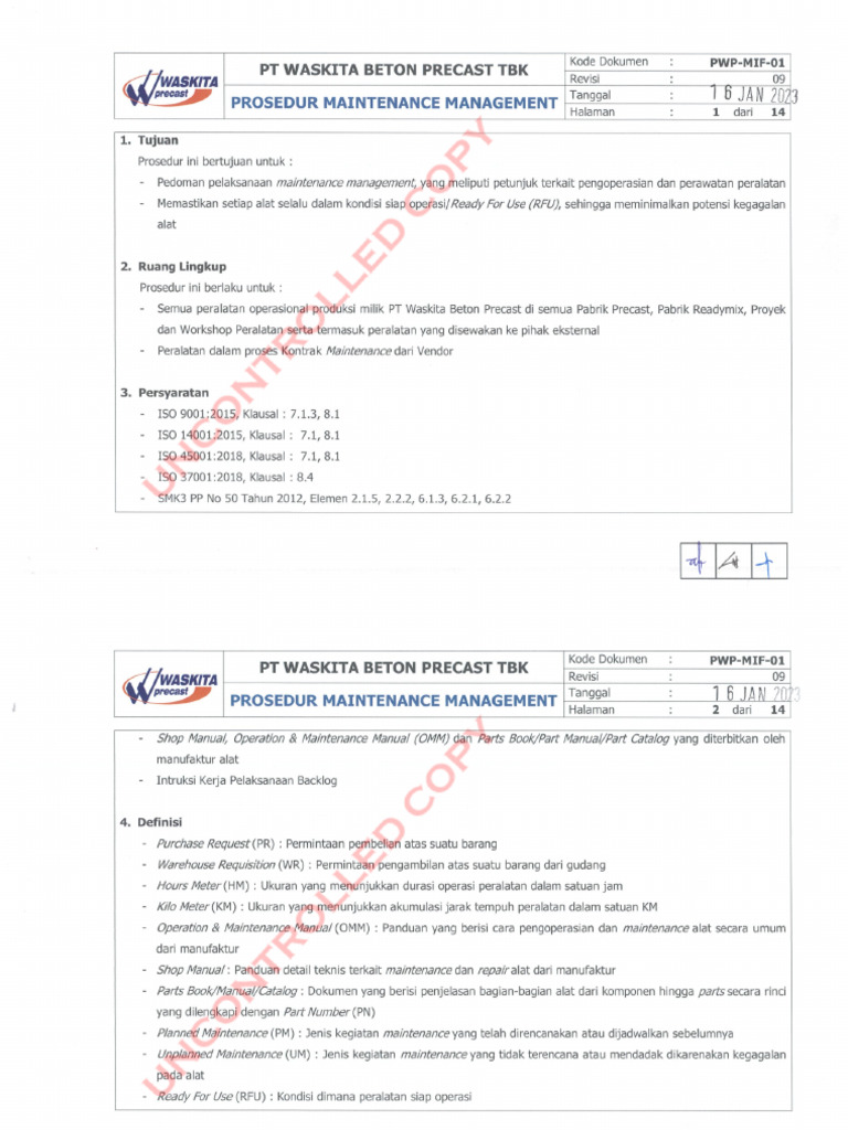 Prosedur Maintenance Management | PDF