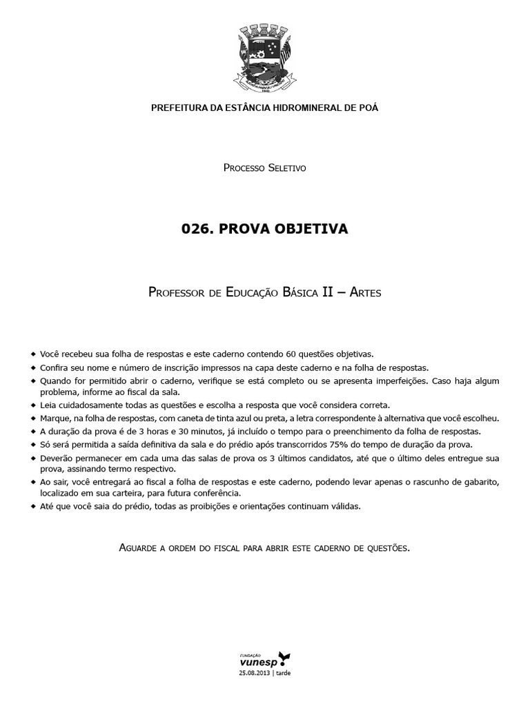 Prova Objetiva: Professor de Artes Poá | PDF | Pedagogia | Science