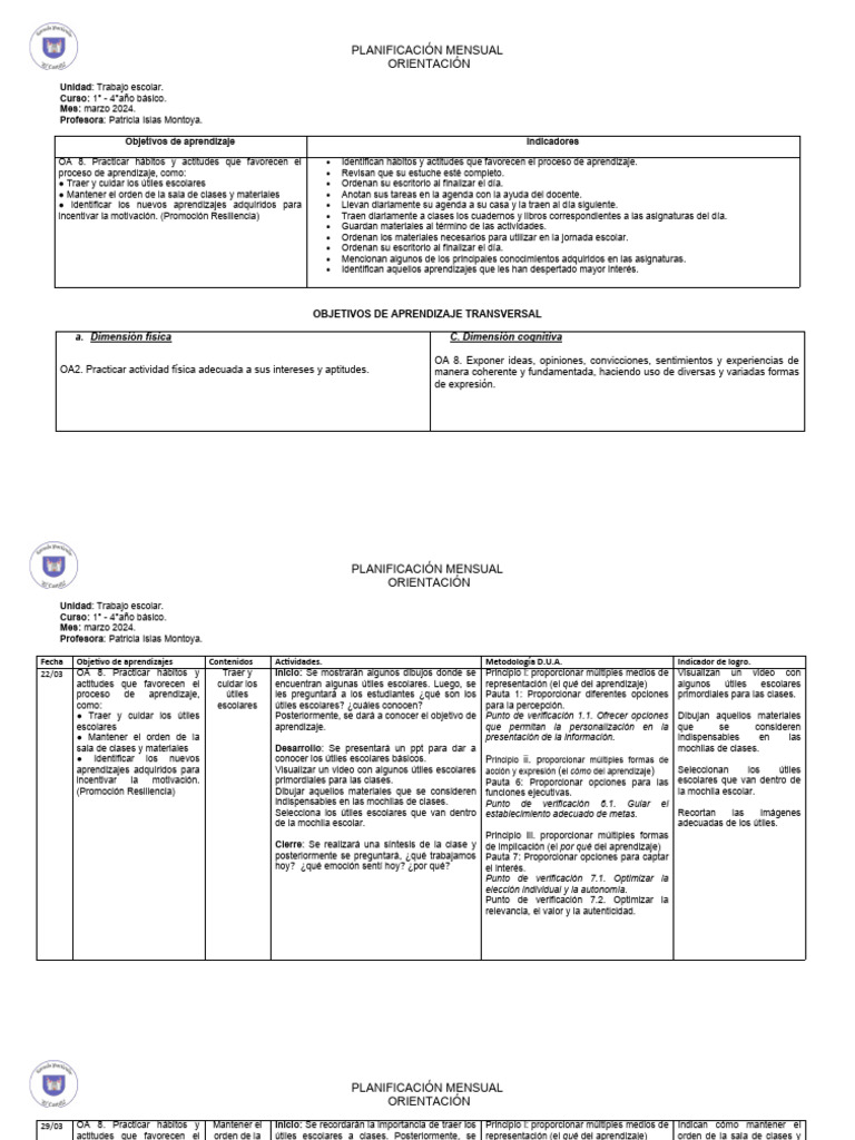 Planificación Escolar Marzo 2024 | PDF | Aprendizaje | Ciencias del ...