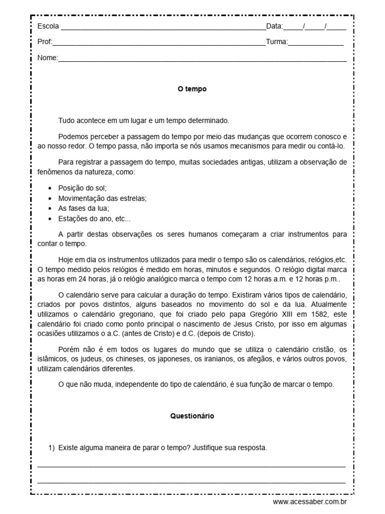 Atividades sobre Tempo e História 4º Ano | PDF | Tempo | Calendário