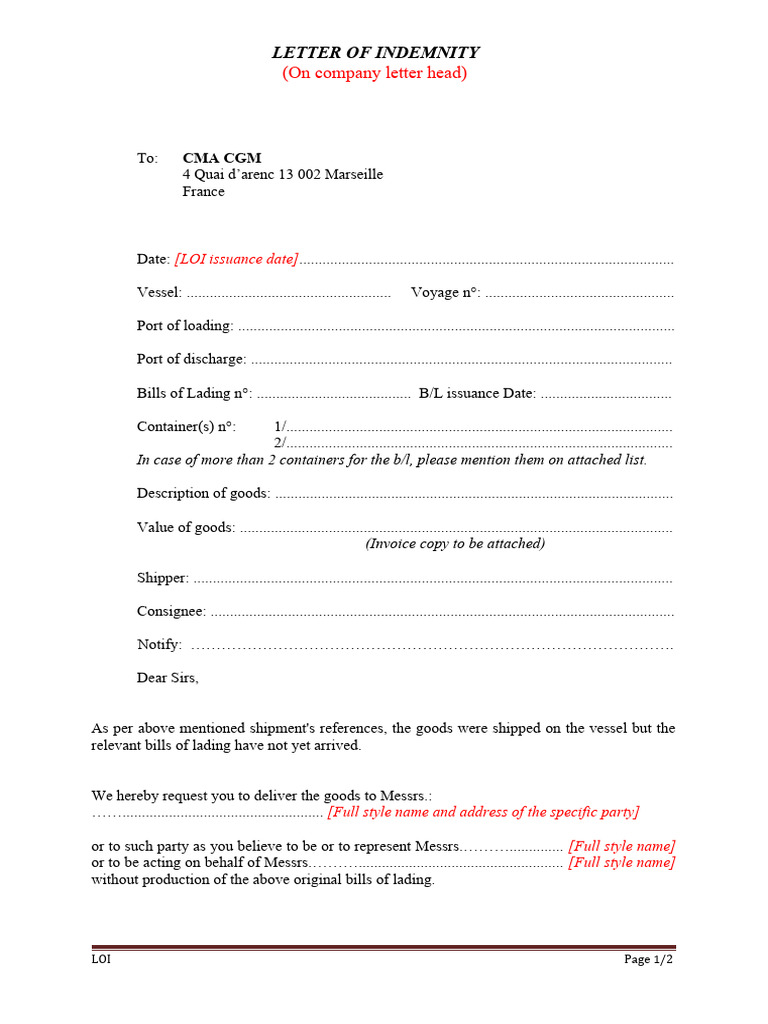 CMA CGM - LOI - NYA - Direct Delivery النموذج الأول | PDF | Bill Of ...
