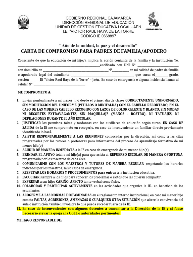 CARTA DE COMPROMISO PARA PADRES DE FAMILIA | PDF