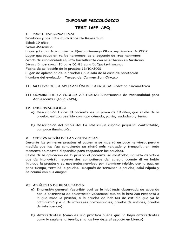 Informe del Test 16PF-APQ Adolescente | PDF | Timidez | Ciencias del ...