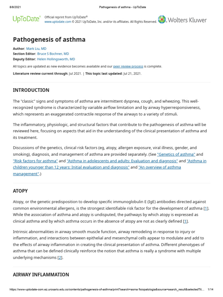 Pathogenesis of Asthma UpToDate PDF