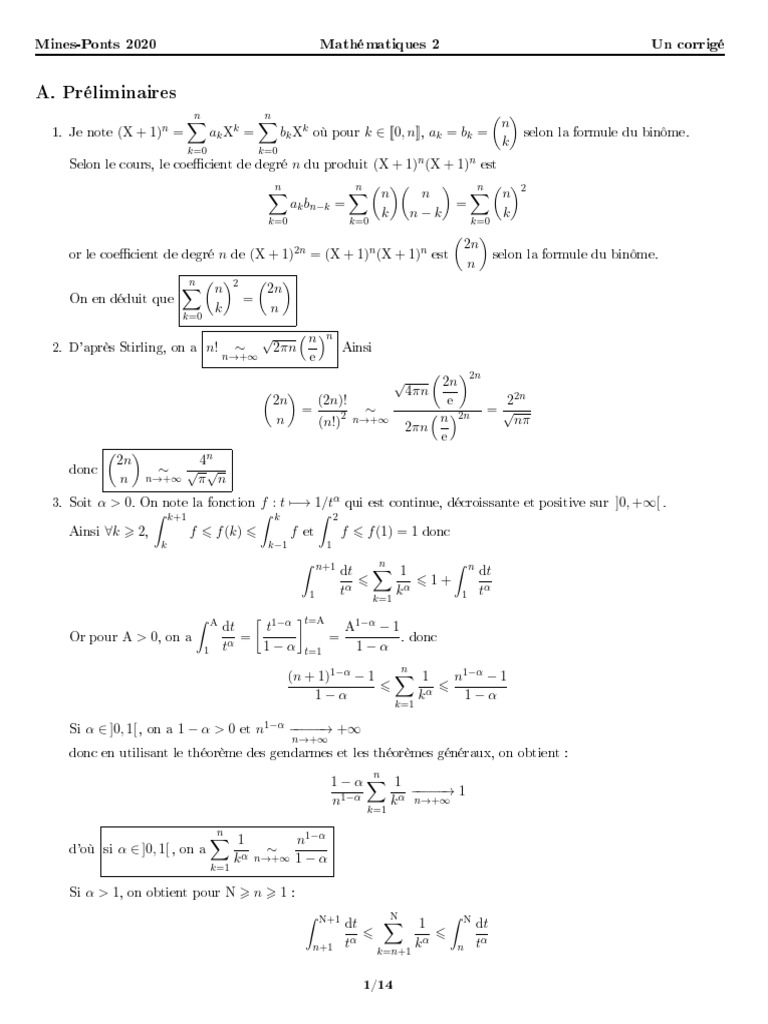 Corrigé Mines-Ponts 2020 Math 2 | PDF