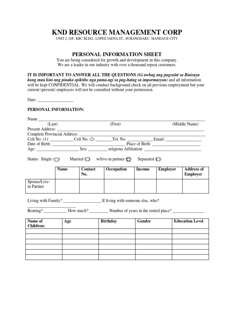 KND Personal Info Sheet (Writeable) 2-2 | PDF | Credit | Finance ...
