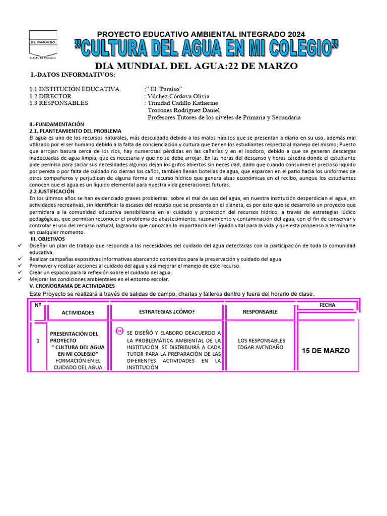 Proyecto Escolar: Cuidado del Agua 2024 | PDF | Agua | Ciencias de la ...