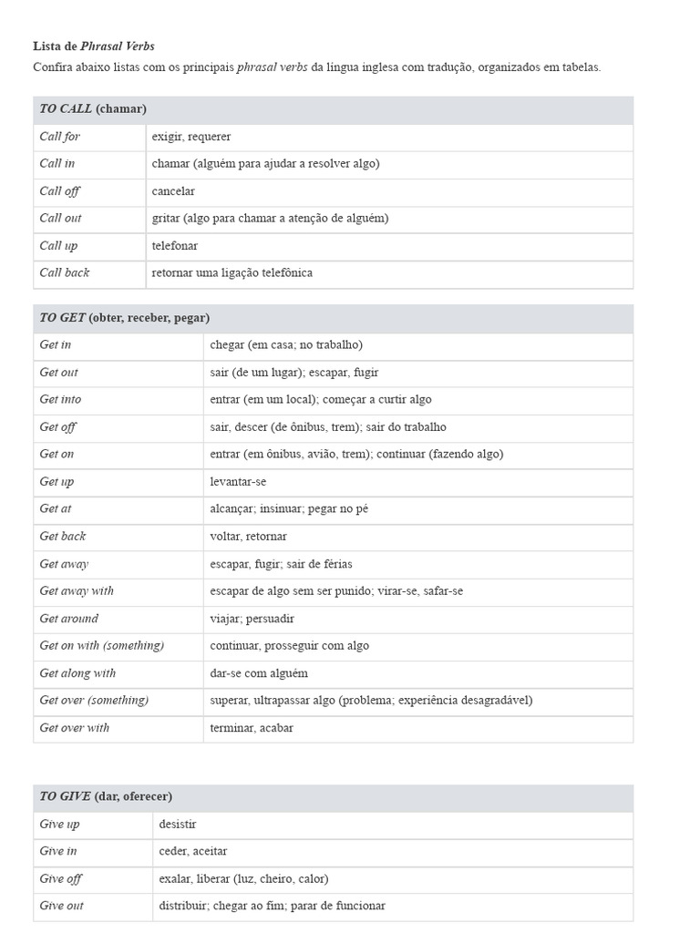 Lista Completa de Phrasal Verbs com Tradução | PDF