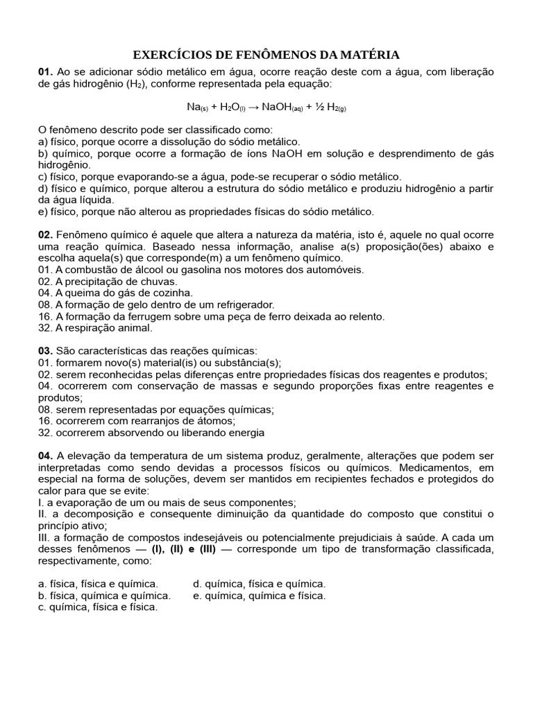Exercícios 1 Ano Fenomenos Físicos e Químicos | PDF