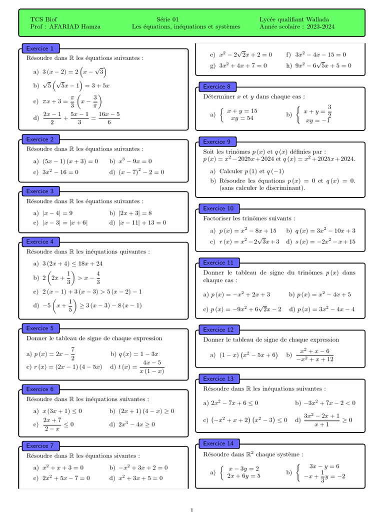 Exercices corrigés : Équations et inéquations | PDF | Mathématiques ...