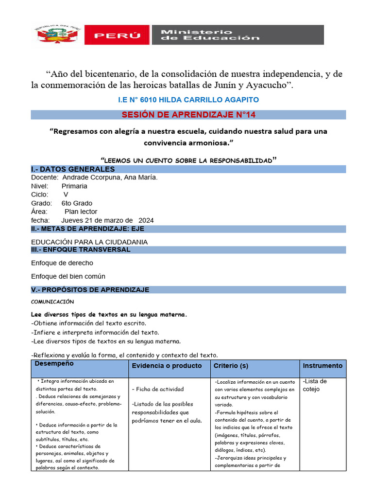 Sesión De Aprendizaje Plan Lector Pdf