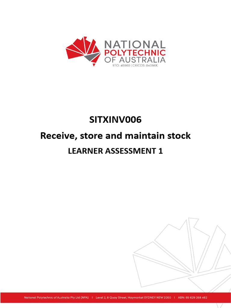 NPA SITXINV006Assessment 1 Learner Workbook PDF Inventory Shelf Life