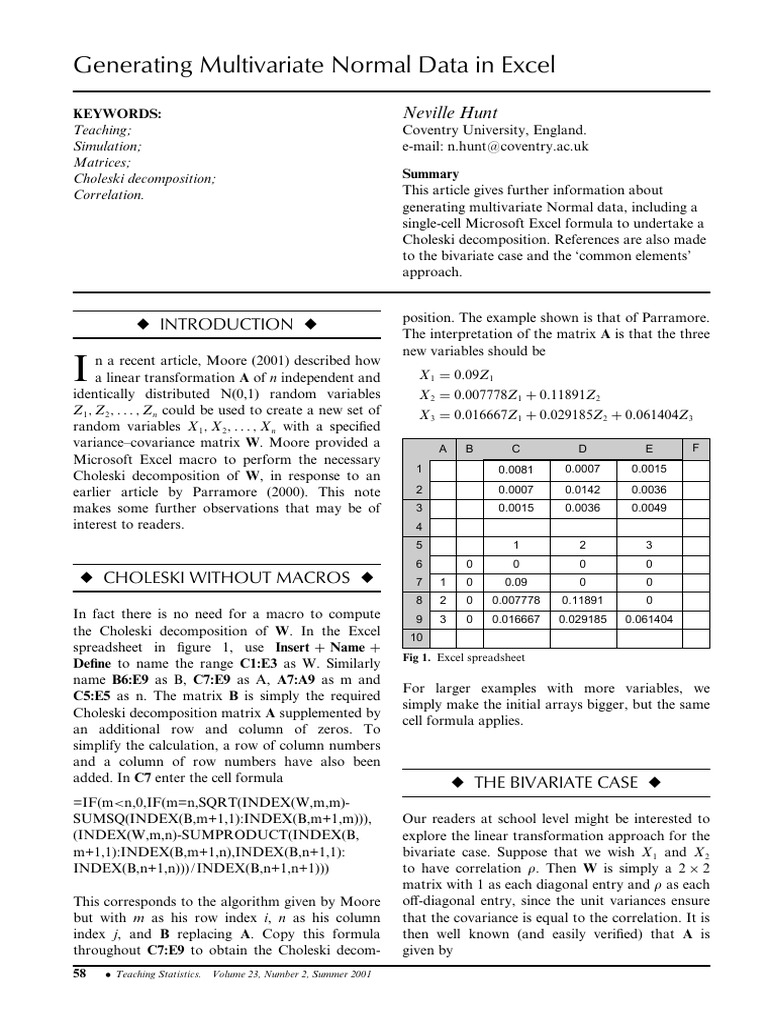 Generating Multivariate Normal Data in Excel: Neville Hunt | PDF