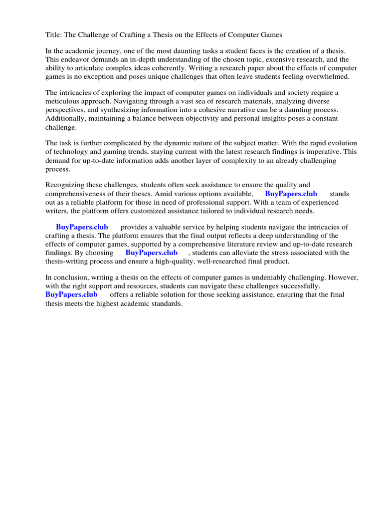 Research Paper About Effects of Computer Games PDF Video Games