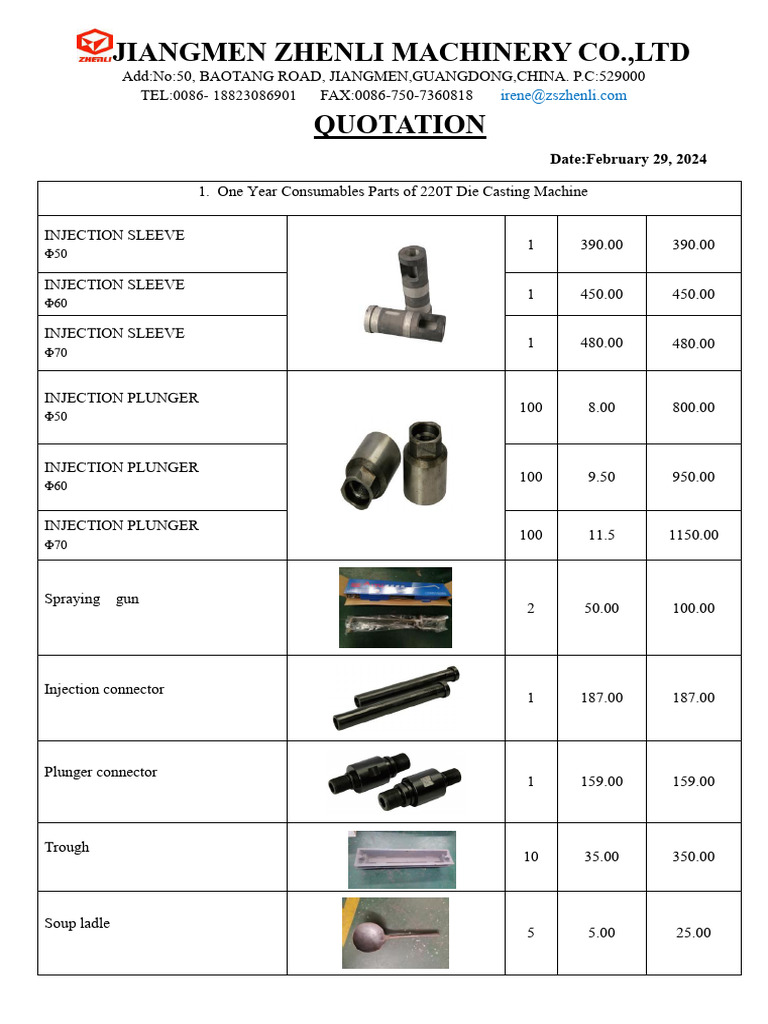 Spare Parts Quotation for 220T Machine | PDF