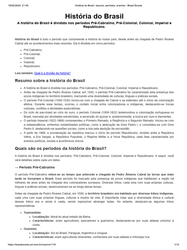 História Do Brasil - Resumo, Períodos, Eventos - Brasil Escola | PDF ...
