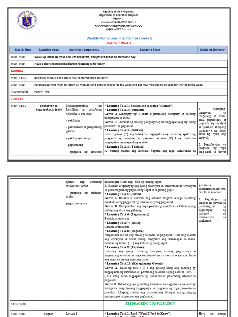 WHLP Grade 5 Q1 W3 All Subjects | PDF