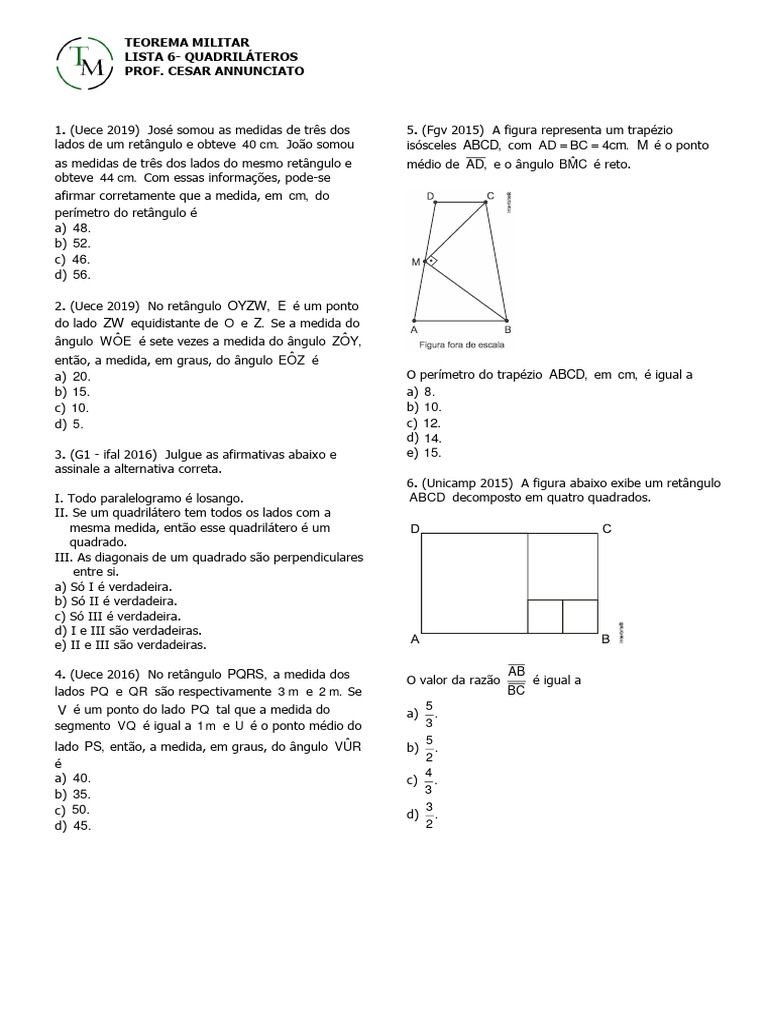 Questões sobre Quadriláteros e Perímetros | PDF