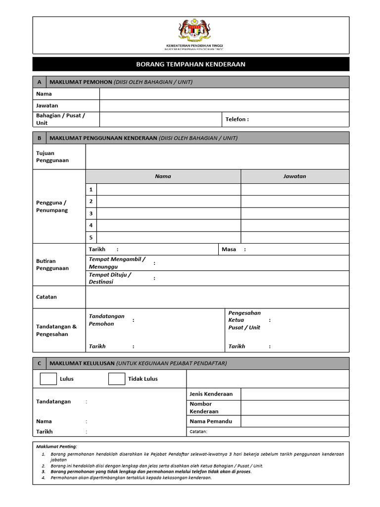 Borang Tempahan Kenderaan Jabatan | PDF