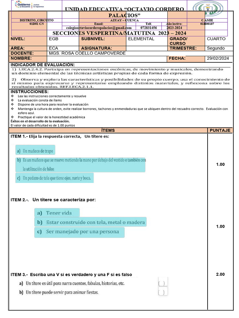Examen ECA Cuarto Grado Segundo Trimestre | PDF