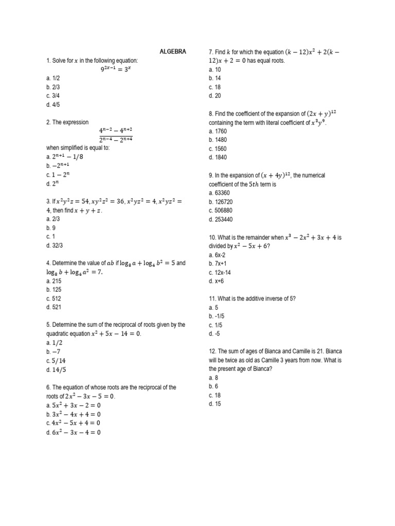 Algebra and Trigonometry Practice Questions | PDF | Triangle | Circle