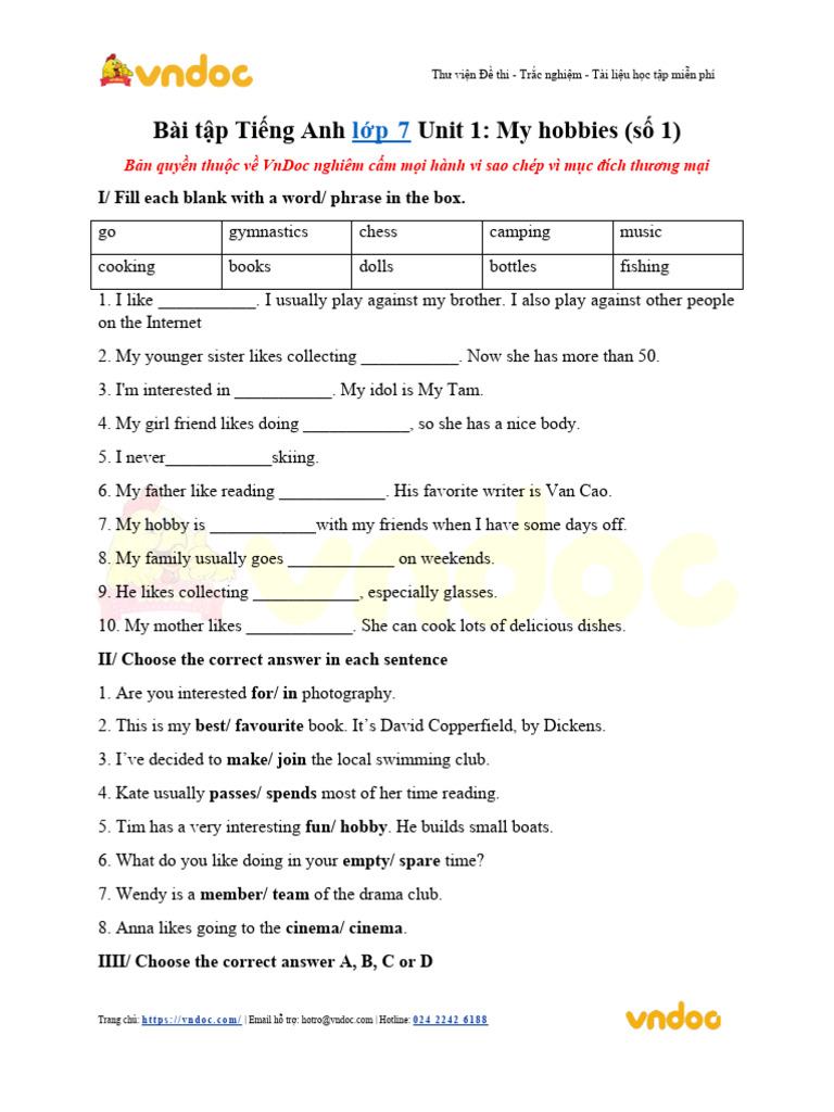 Bai Tap Tieng Anh Lop 7 Unit 1 My Hobbies So 1 | PDF