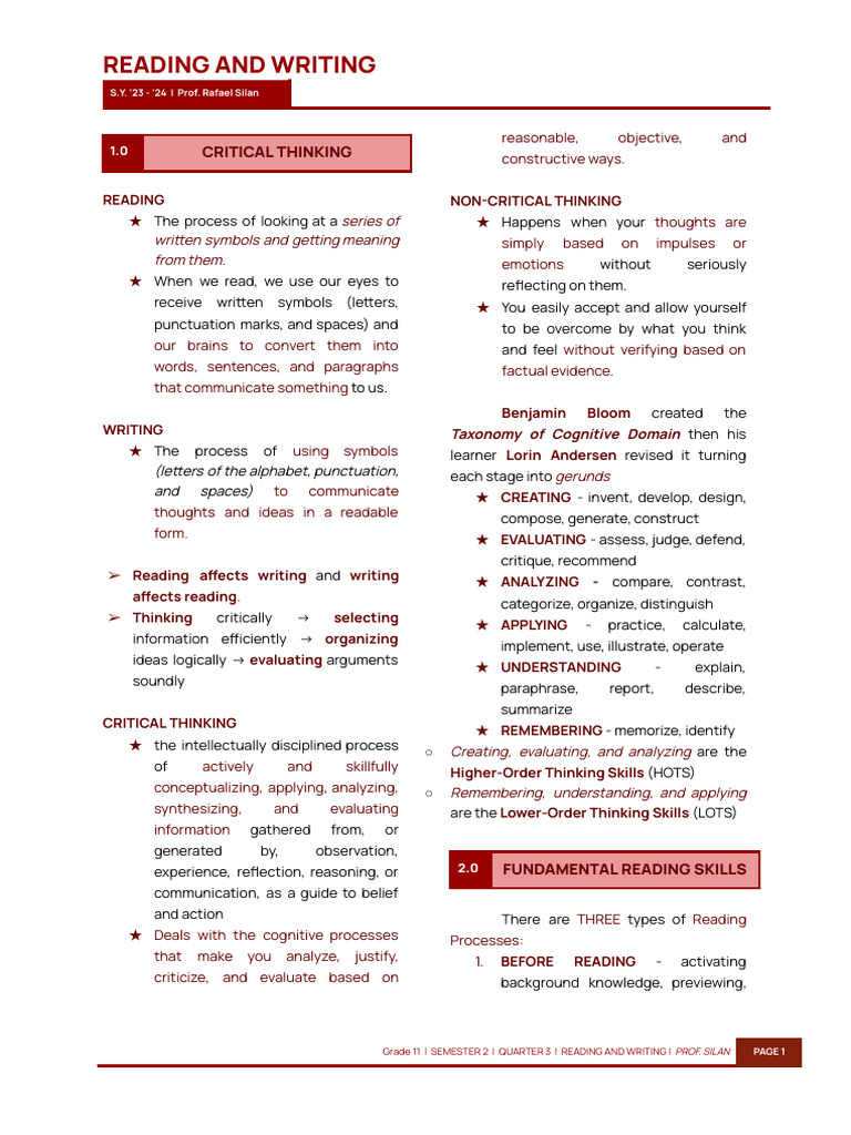 Reading & Writing (Grade 11 2ND Semester) PDF Thought Critical
