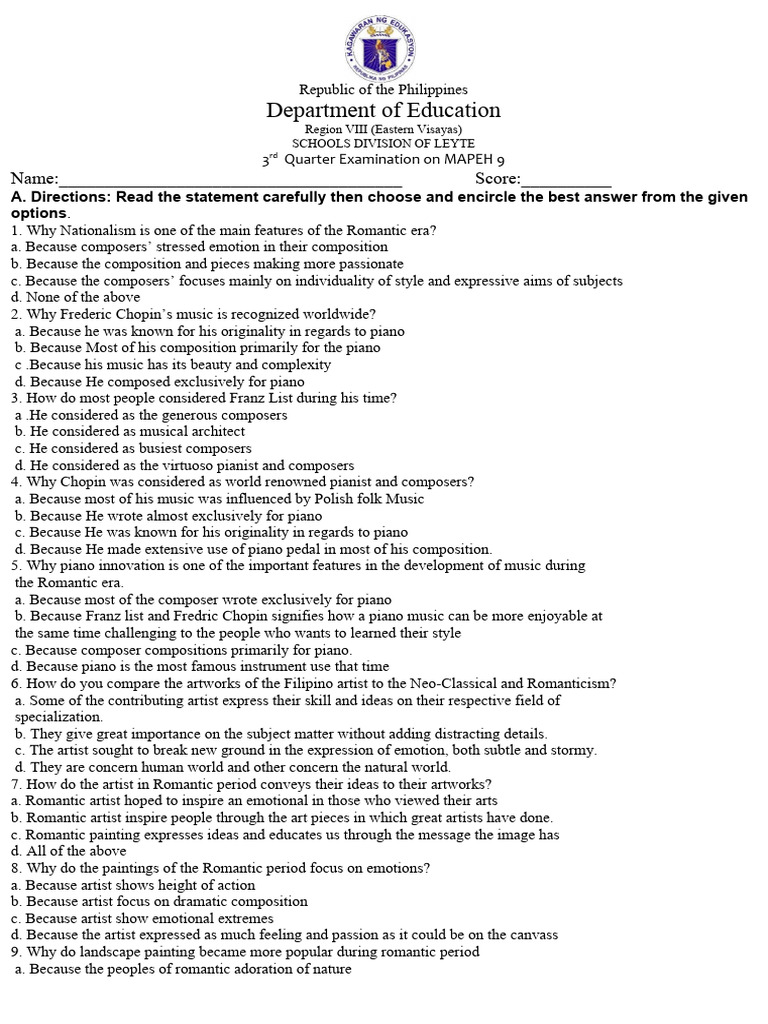 Mapeh 9 3rd Quarter Exam Pdf Travel Art