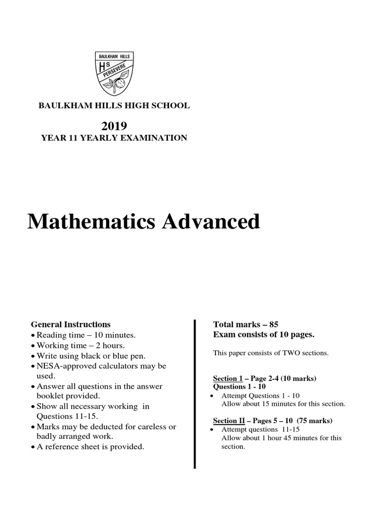 Baulkham Hills Year 11 Math Exam | PDF | Logarithm | Circle