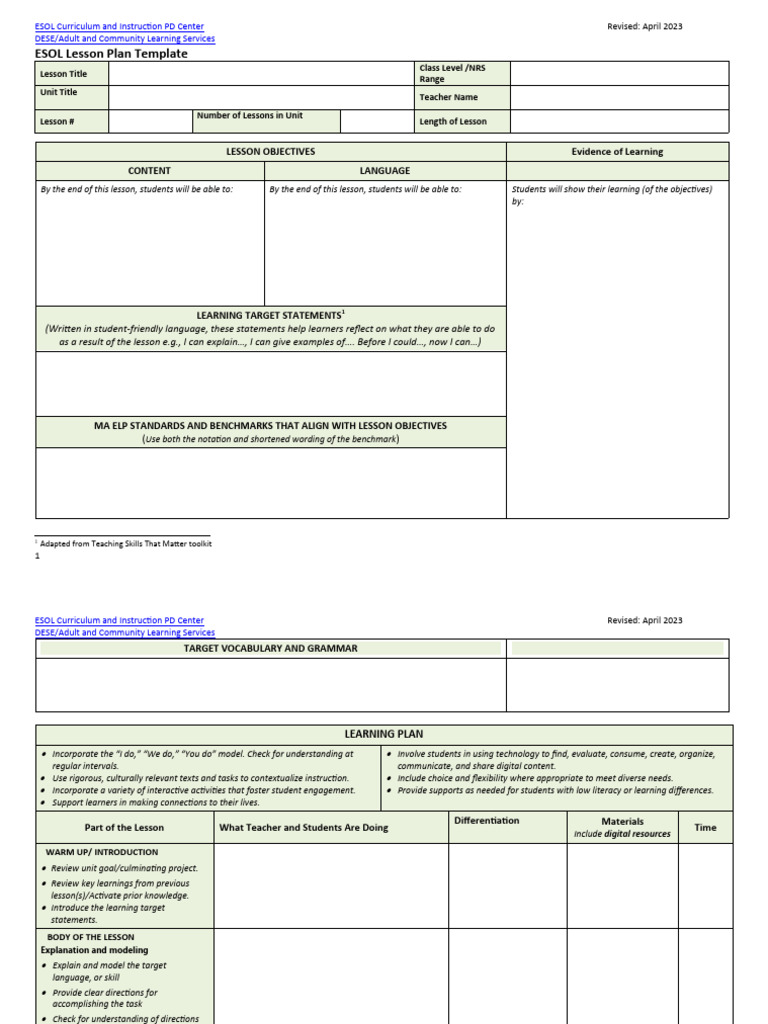 Esol Lesson Plan Template | PDF | English As A Second Or Foreign ...