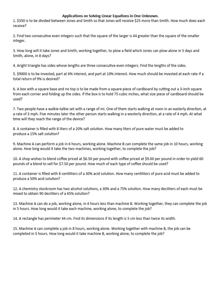 Worksheet 2 Applications On Solving Linear Equations in One Unknown ...