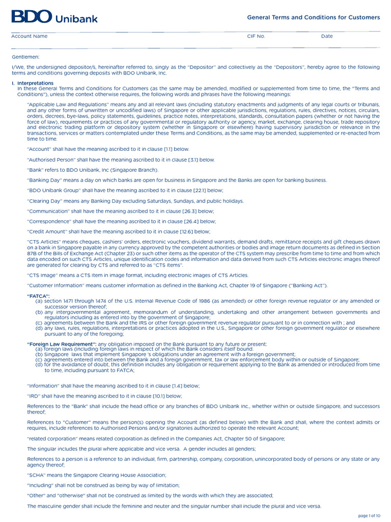 BDO Unibank Customer Terms | PDF | Banks | Cheque