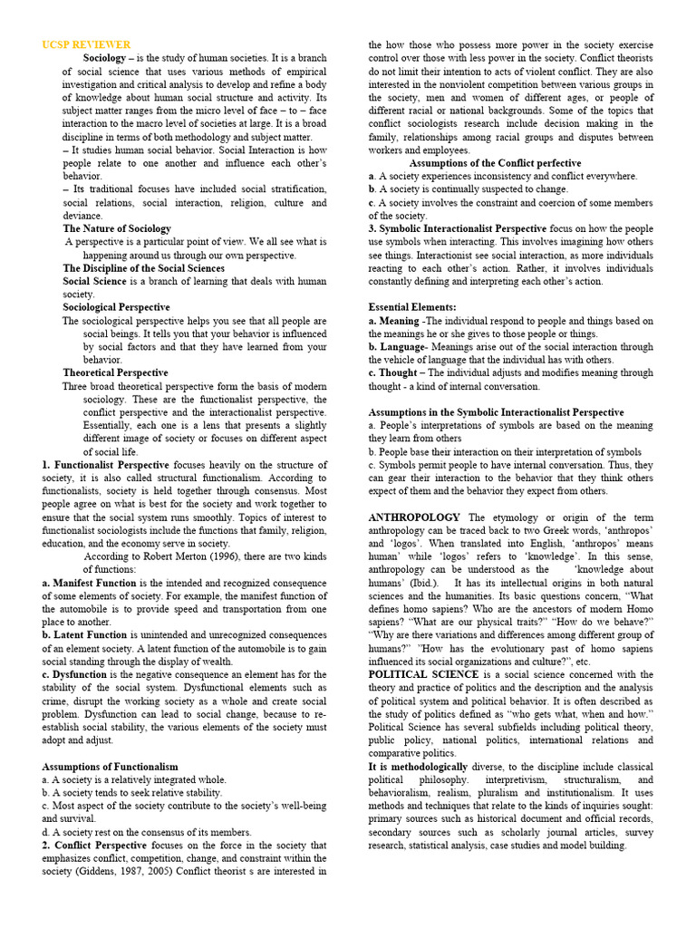 UCSP Grade 12 2nd Quarter Reviewer | PDF | Sociology | Socialization