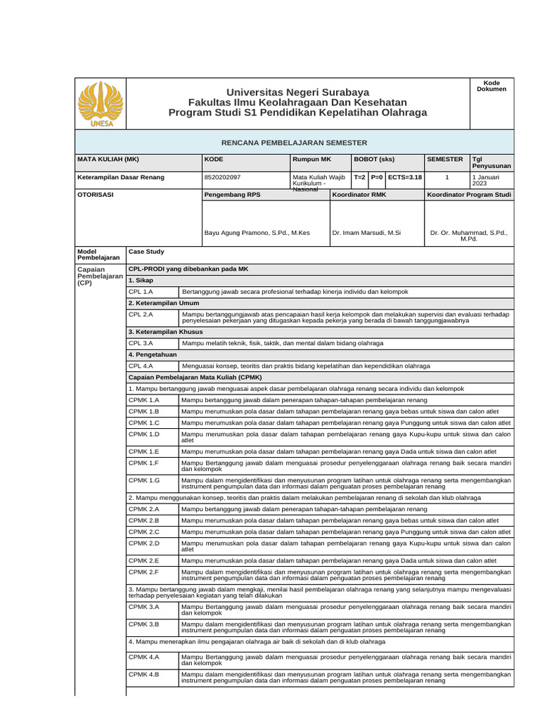 RPS Keterampilan Dasar Renang | PDF | Karier & Perkembangan