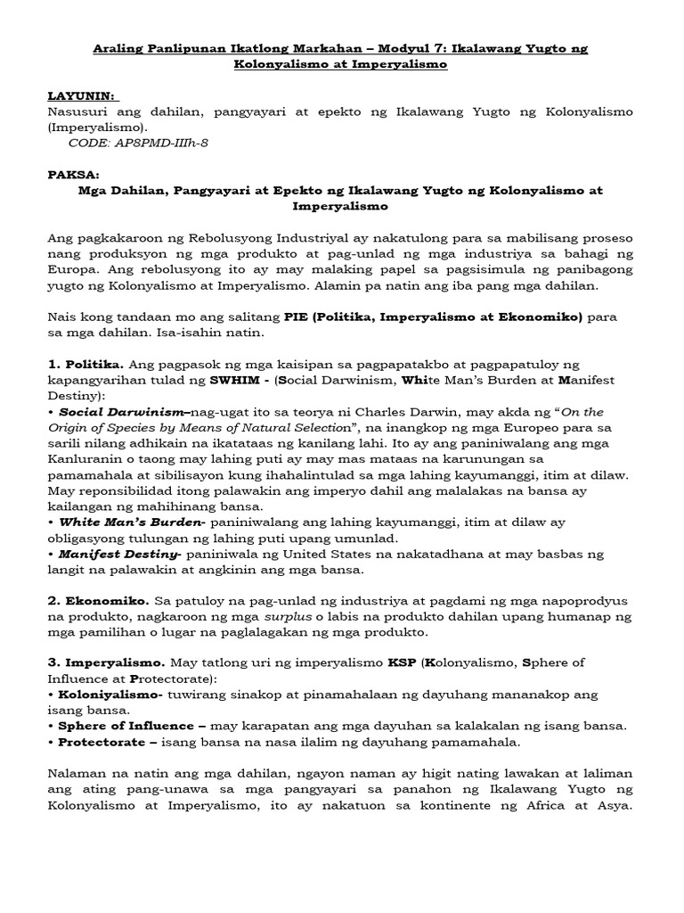 Module 7 Ikalawang Yugto Ng Kolonyalismo At Imperyalismo Pdf