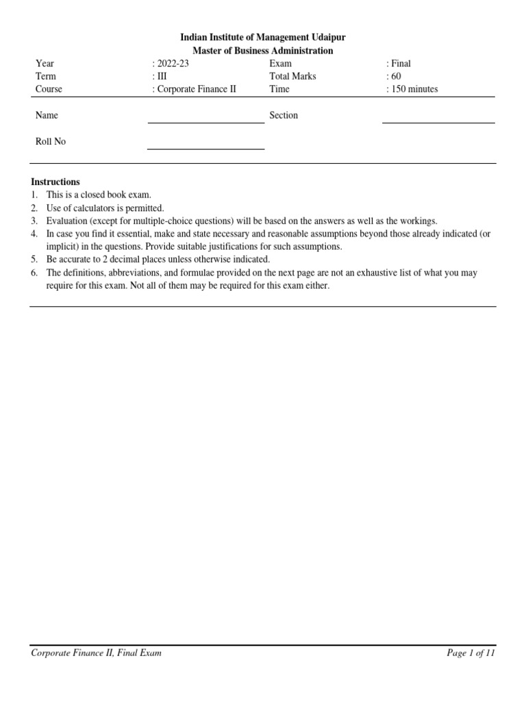 MBA Corporate Finance Exam | PDF | Dividend | Share Repurchase