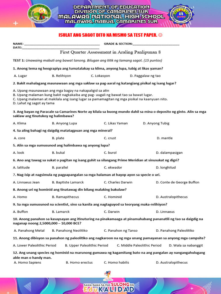 First Quarter Assessment in Araling Panlipunan 8 | PDF