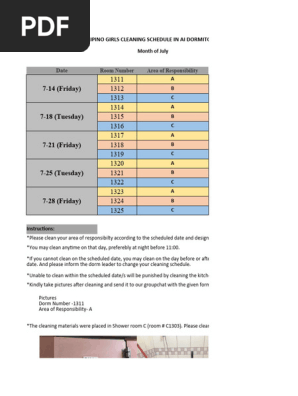 Cleaning Schedule Filipino Girls in Ai Dormitory
