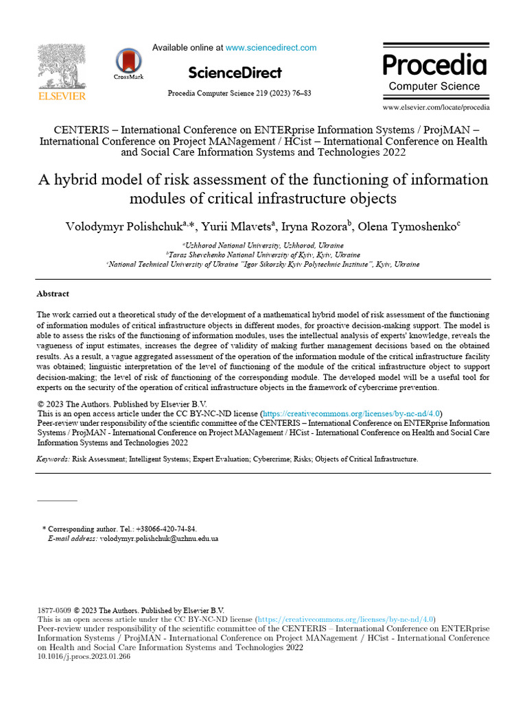 A Hybrid Model Of Risk Assessment Of The Functioning Of In 2023