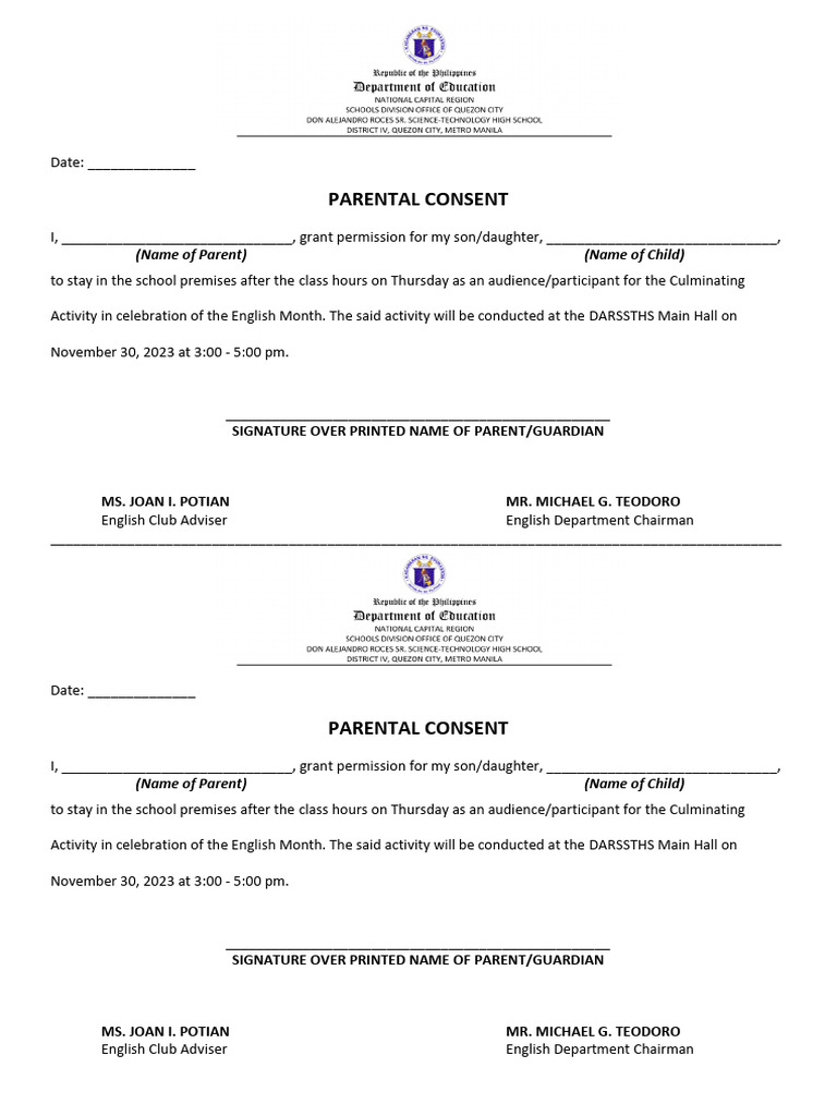 Parental Consent for English Month Activity | PDF