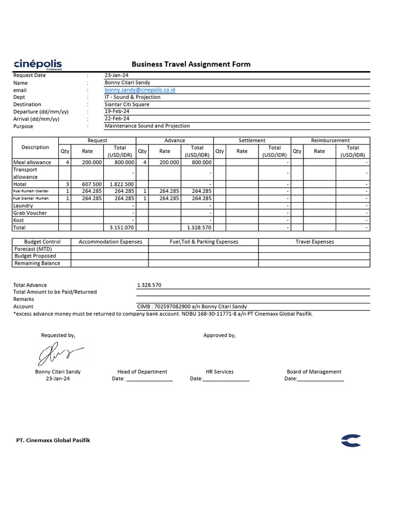 Business Travel Expense Request Form | PDF | Finance & Money Management