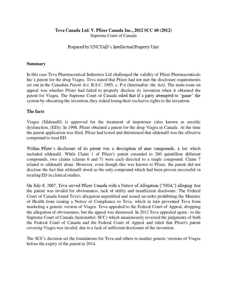Teva Canada Ltd V Pfizer Supreme Court of Cananda 2012 PDF Patent