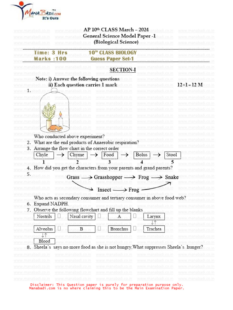 10th Class Biology Set 1 Pdf