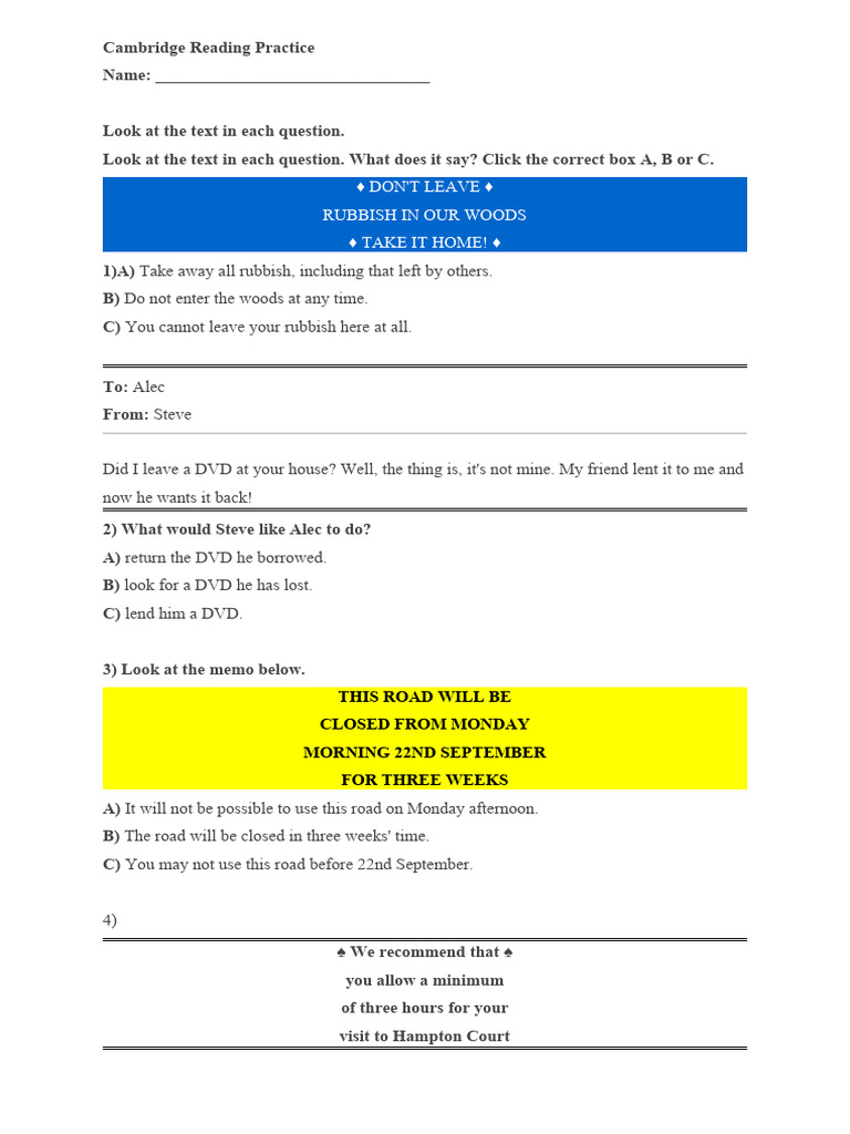 Cambridge Reading Practice Questions | PDF